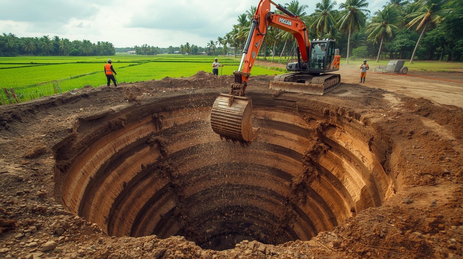 Mini Hitachi working on a farm pond in Tiruppur