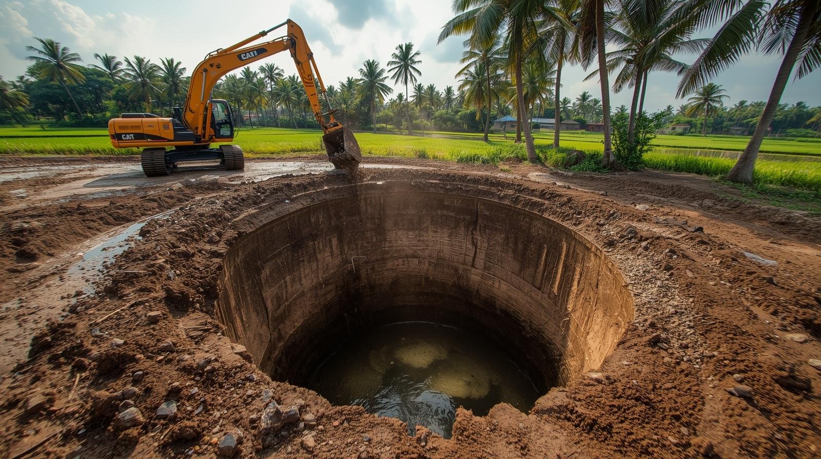 Mini Hitachi removing silt from an open well
