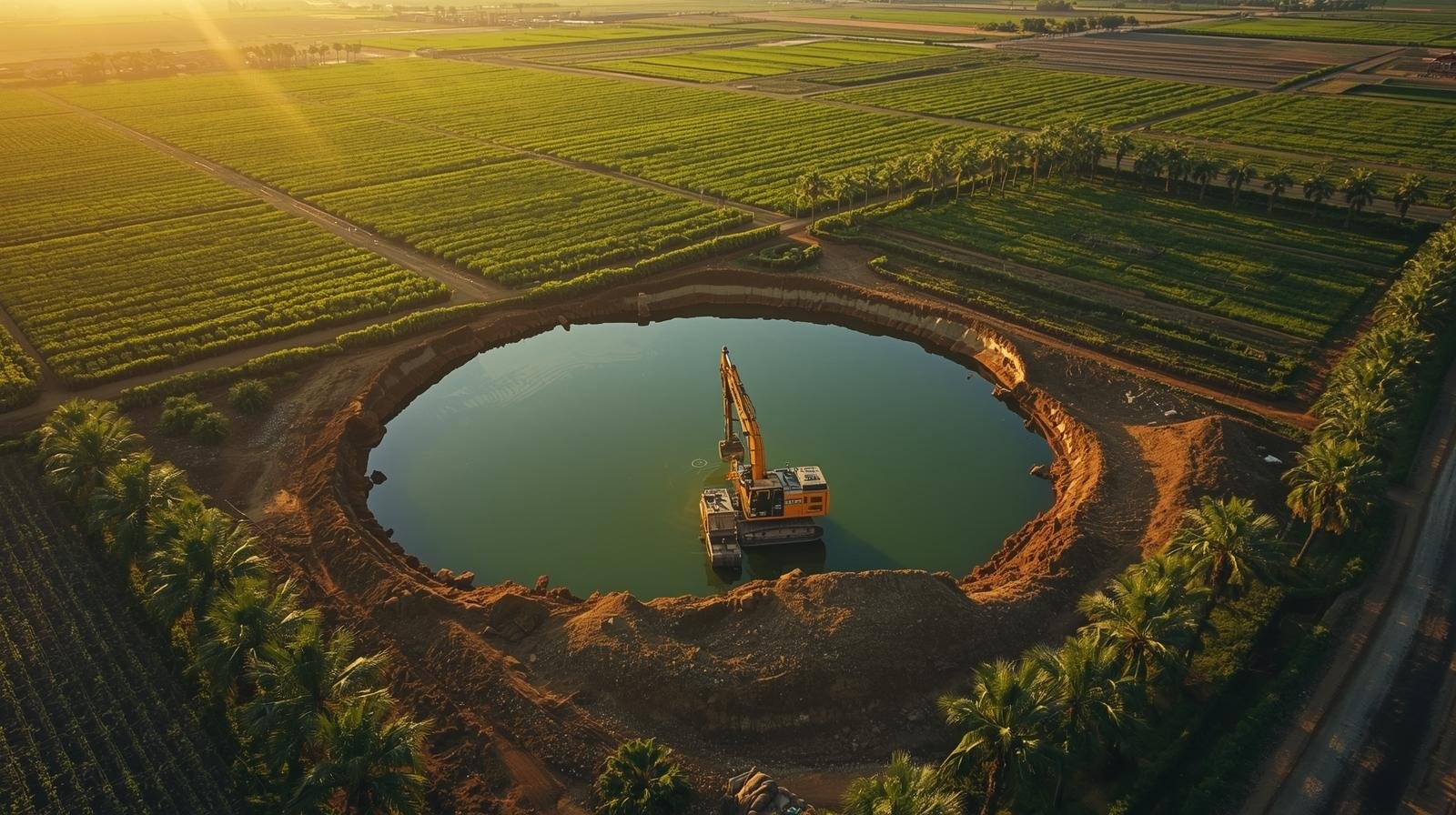 Finished farm pond in Tiruppur – irrigation ready