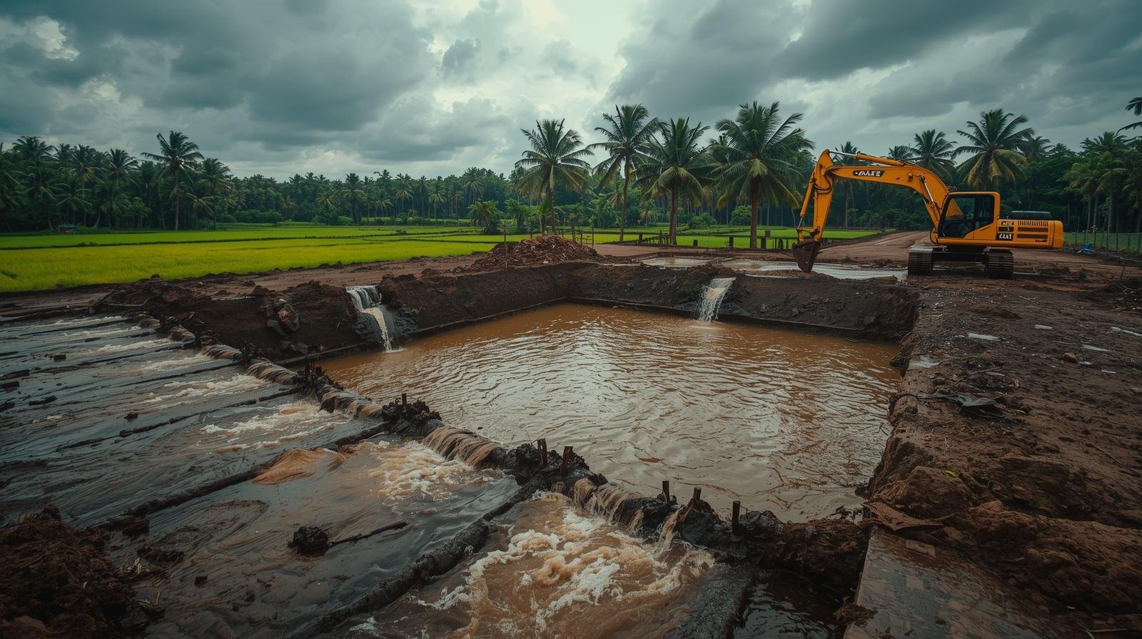 Farm pond excavation using JCB